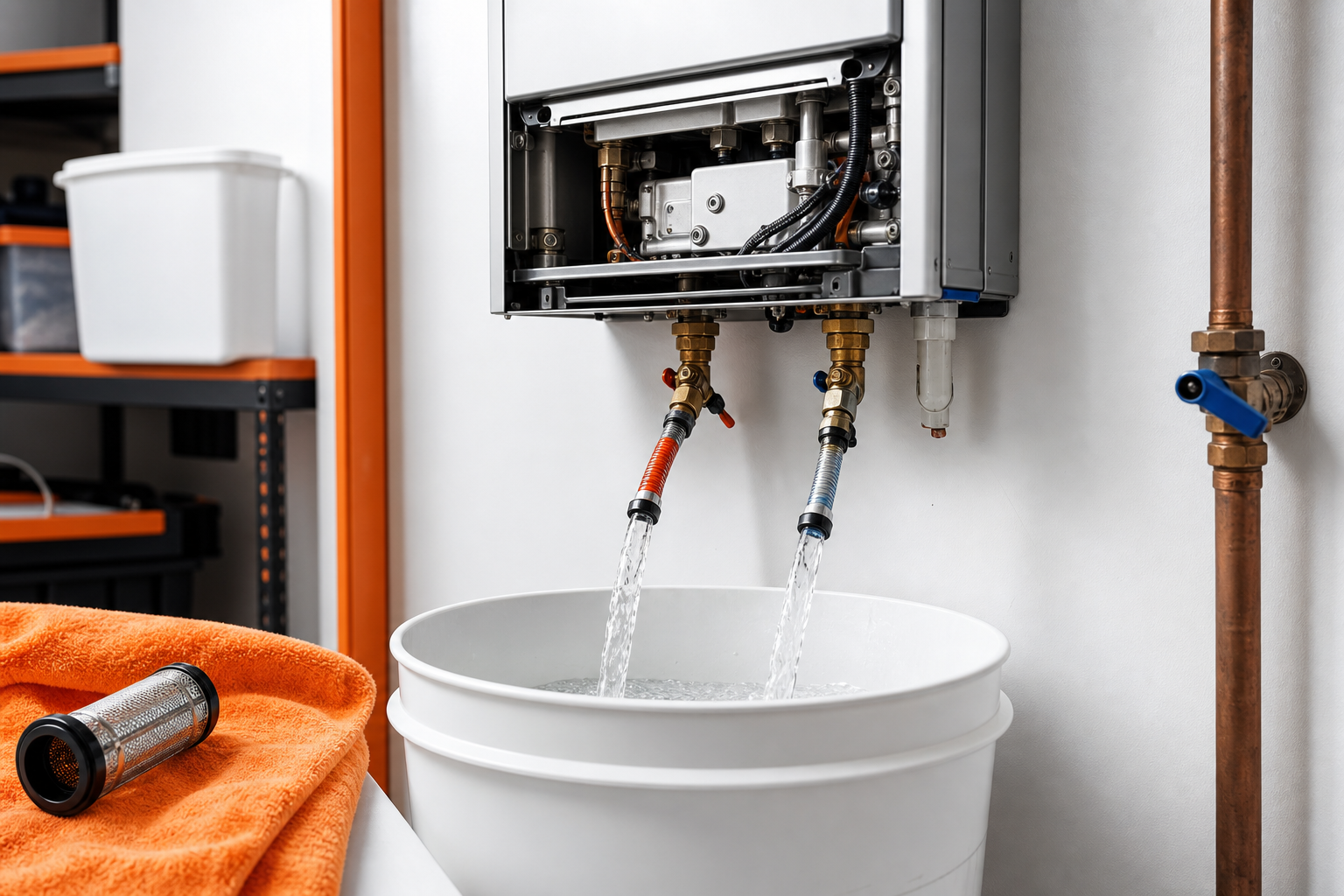 flushing a tankless water heater with clean water after descaling.