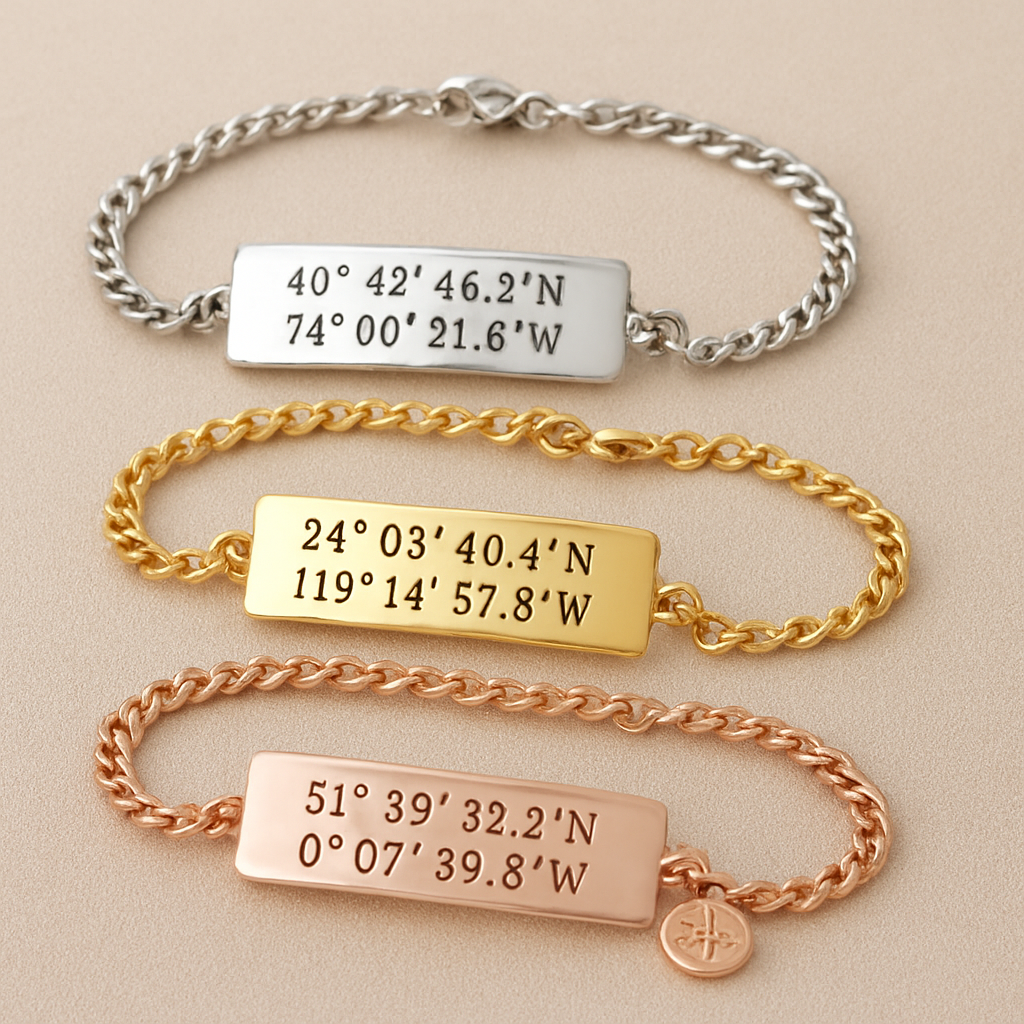 A close‑up of three custom coordinates bracelets in silver, gold, and rose gold, each showing a different chain style and a tiny compass charm. Alt: custom coordinates bracelet styles for gift ideas.