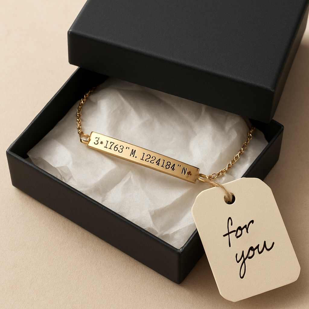 A close‑up of a custom coordinates bracelet being packaged for shipping, showing a sleek box, protective tissue, and a handwritten gift tag. Alt: custom coordinates bracelet shipping packaging