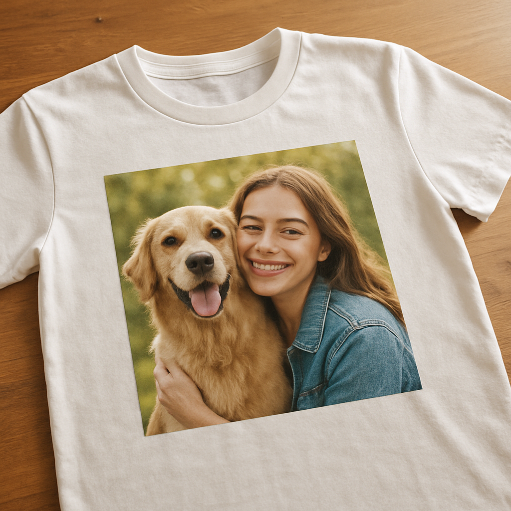 A close‑up of a custom picture t‑shirt on a wooden table, showing the printed photo clearly, with soft natural lighting. Alt: custom picture t shirt showcasing vivid photo print