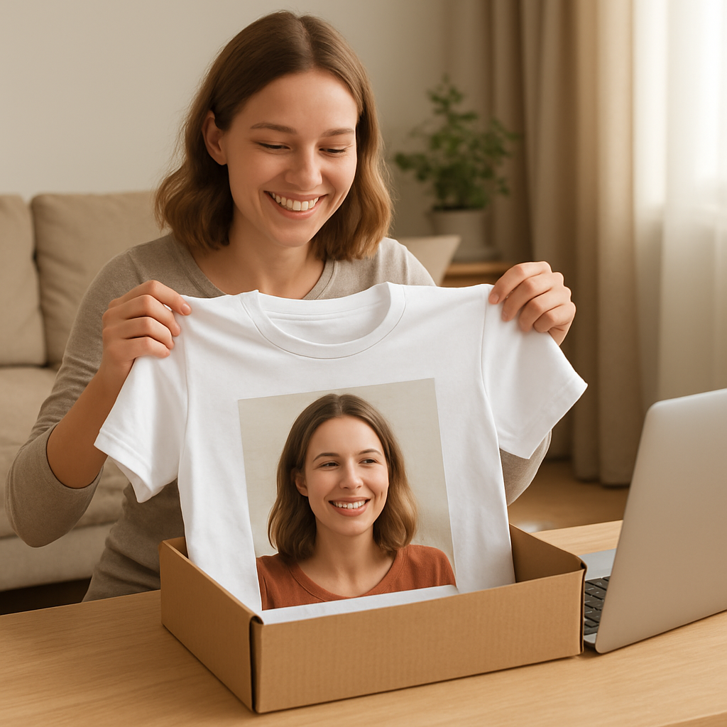 A smiling person holding a freshly delivered custom picture t shirt, unboxing it on a coffee table with a laptop nearby. Alt: custom picture t shirt freshly unboxed and ready to wear