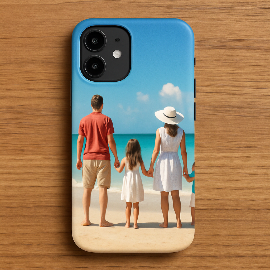 A vibrant phone case displaying a family beach photo with a matte finish, showing the back of the phone on a wooden table. Alt: Personalized photo phone case with a sunny beach scene.