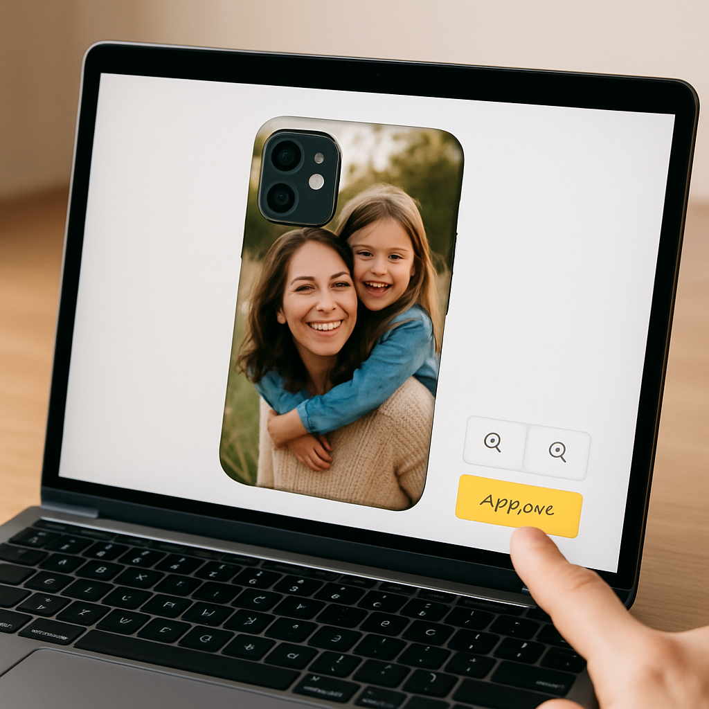 A laptop screen showing a high‑resolution mock‑up of a personalized photo phone case, with the user’s finger pointing at the proofing tools. Alt: Personalized photo phone case preview and proofing step.