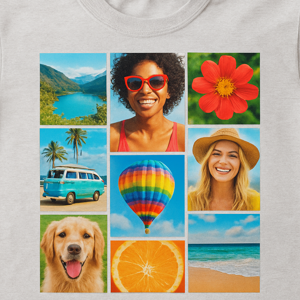 A close‑up of a photo collage t shirt printed with DTG, showing vivid colors and fine detail. Alt: high‑resolution photo collage t shirt printed with direct‑to‑garment method.