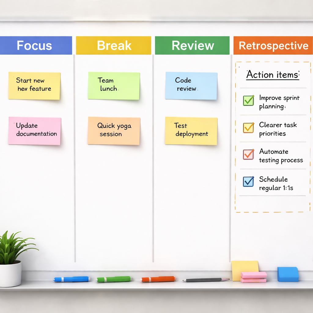 A clean digital Kanban board showing sprint columns labeled Focus, Break, Review, with sticky notes highlighting a “Retrospective” column and a checklist of insights turned into action items. Alt: Work sprint schedule retrospective board with actionable insights.