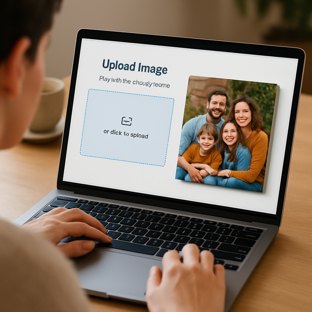 A person sitting at a laptop, uploading a high‑resolution family photo to an online canvas design tool, with a preview of the canvas on the screen. Alt: Uploading images for custom photo canvas wall art using an online design tool.