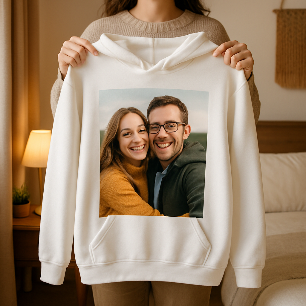 A cozy bedroom scene with a person holding a custom photo hoodie, showing the front print clearly. Alt: custom photo hoodie front print on soft fabric, vibrant colors, personal memory wearable