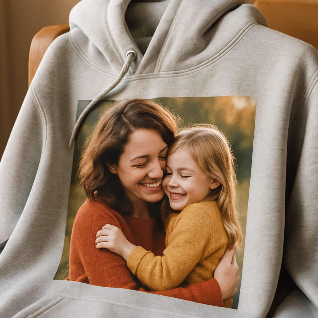 A close‑up of a soft, cotton‑poly blend hoodie draped over a chair, showing a vivid custom photo print on the front. Alt: custom photo hoodie fabric comparison