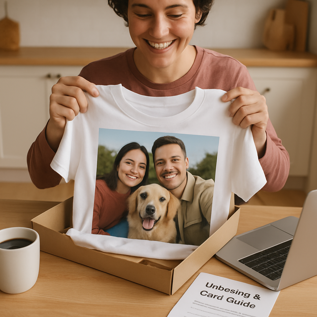 A smiling person holding a freshly delivered custom photo t shirt, unboxing it on a kitchen table with coffee and a laptop. Alt: Custom photo t shirt unboxing and care guide.
