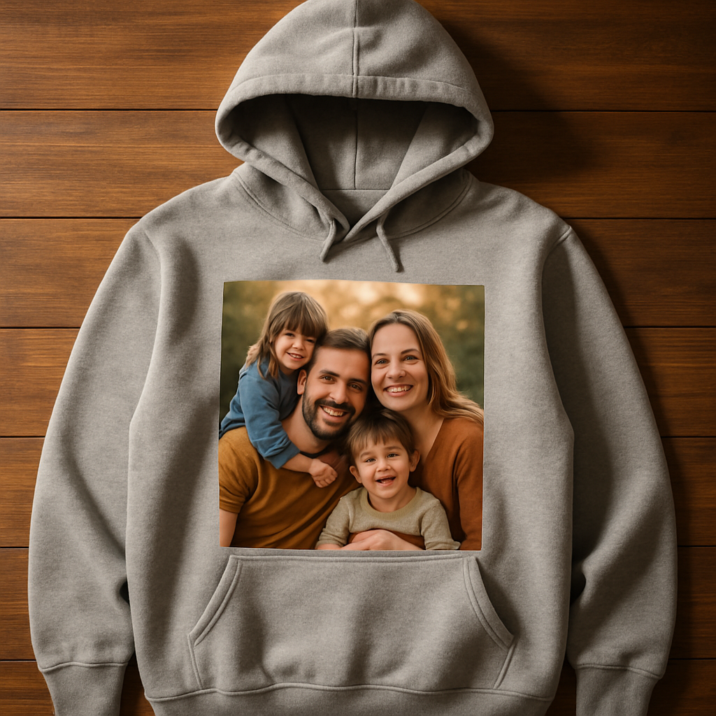 A cozy hoodie laying flat on a wooden table with a vibrant family photo printed on the chest, soft lighting highlighting the fabric texture. Alt: custom picture hoodie with high‑resolution photo print