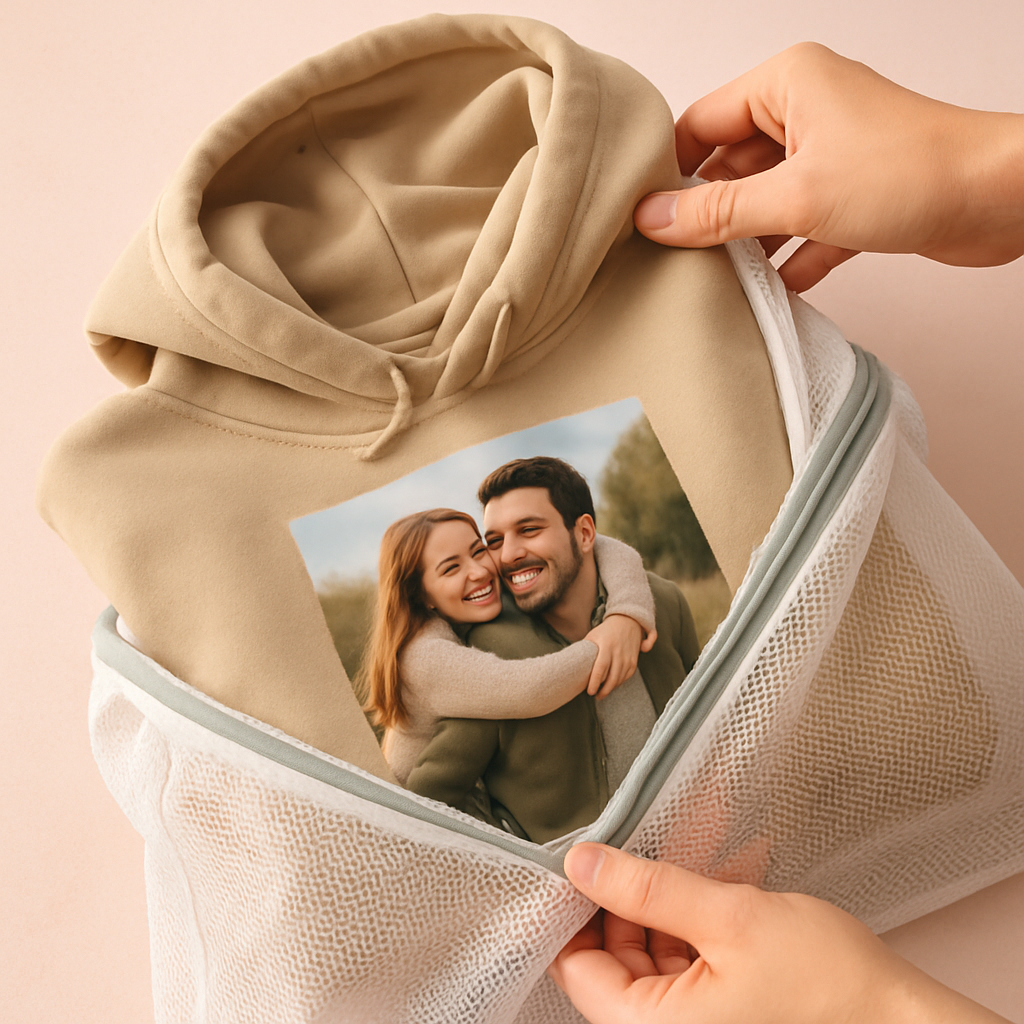 A cozy custom picture hoodie being gently placed into a mesh laundry bag, with a soft pastel background. Alt: Properly washed custom picture hoodie in a mesh bag