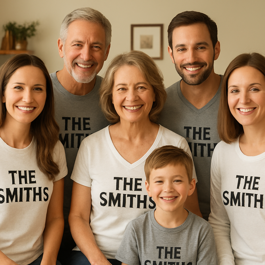 A warm, family gathering with members wearing coordinated custom last name shirts in various styles – crew neck, V‑neck, and long‑sleeve – smiling together. Alt: custom last name shirts family style