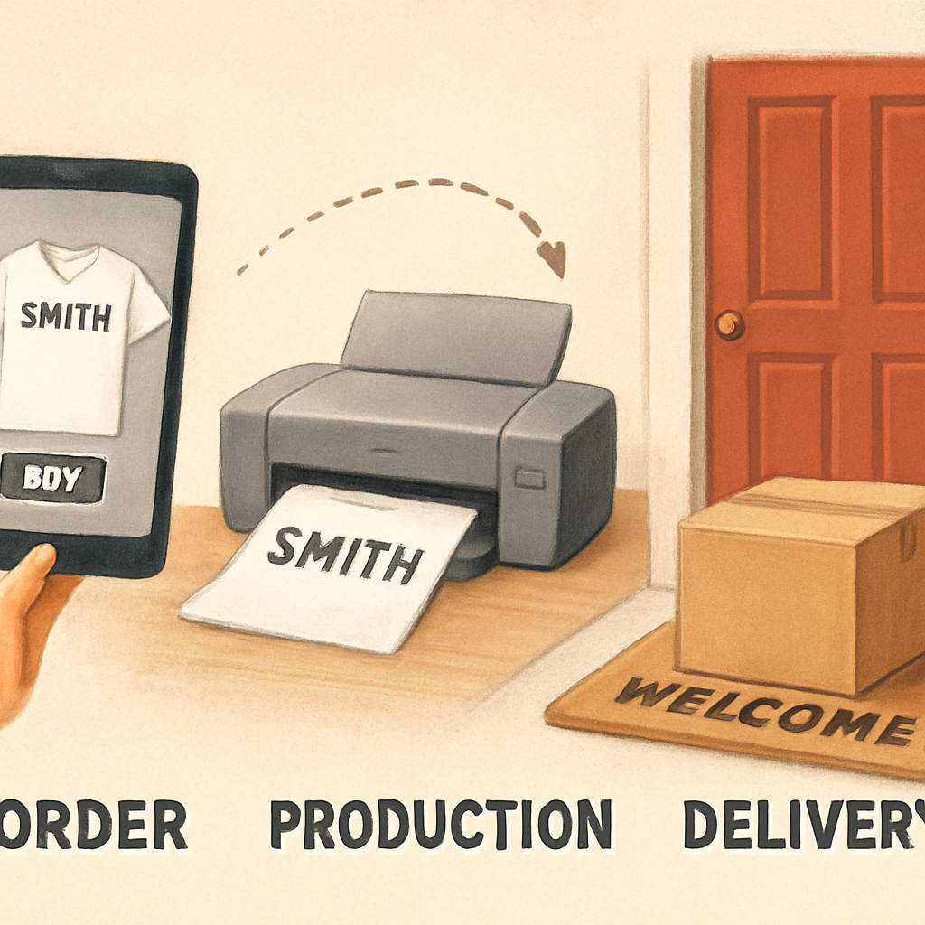 A friendly illustration of a package moving from a printer to a doorstep, showing a timeline of order, production, and delivery. Alt: Custom last name shirts order and shipping timeline