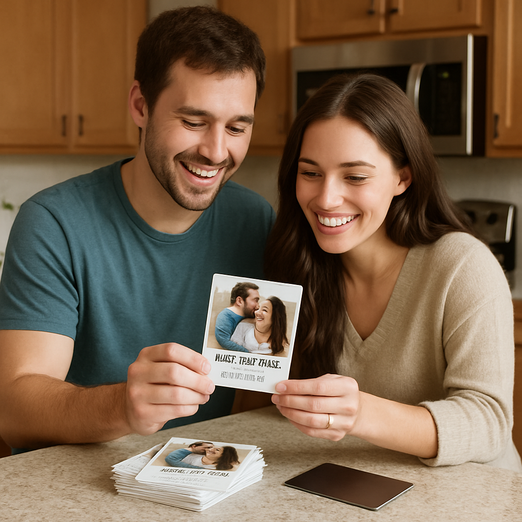 A happy couple reviewing a printed save the date photo magnet on a kitchen counter. Alt: Save the date photo magnets being ordered and produced.