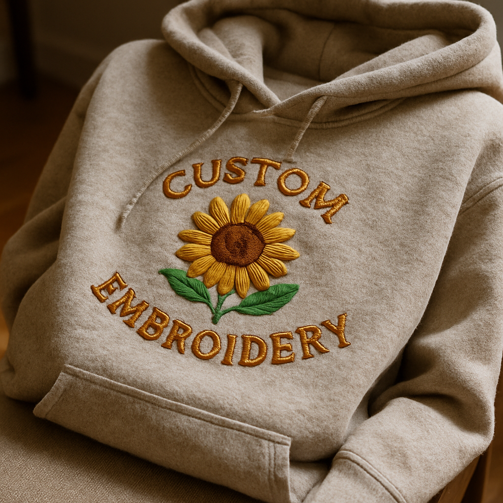 A cozy, thick custom embroidered hoodie draped over a chair with a close-up of textured embroidery stitching. Alt: Detailed view of embroidery on a warm custom embroidered hoodie in cozy fabric.