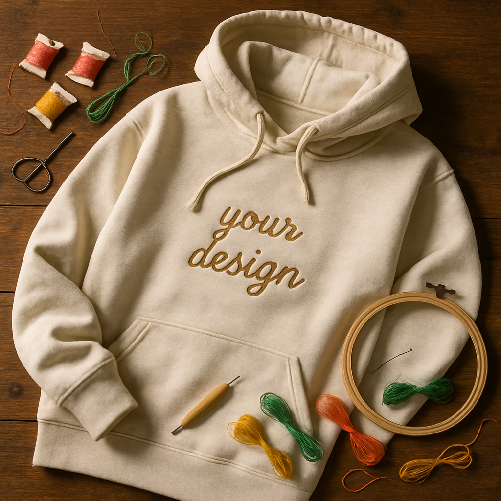 A cozy custom embroidered hoodie on a wooden table with embroidery tools and colorful threads scattered around. Alt: Custom embroidered hoodie with embroidery tools and colorful threads.