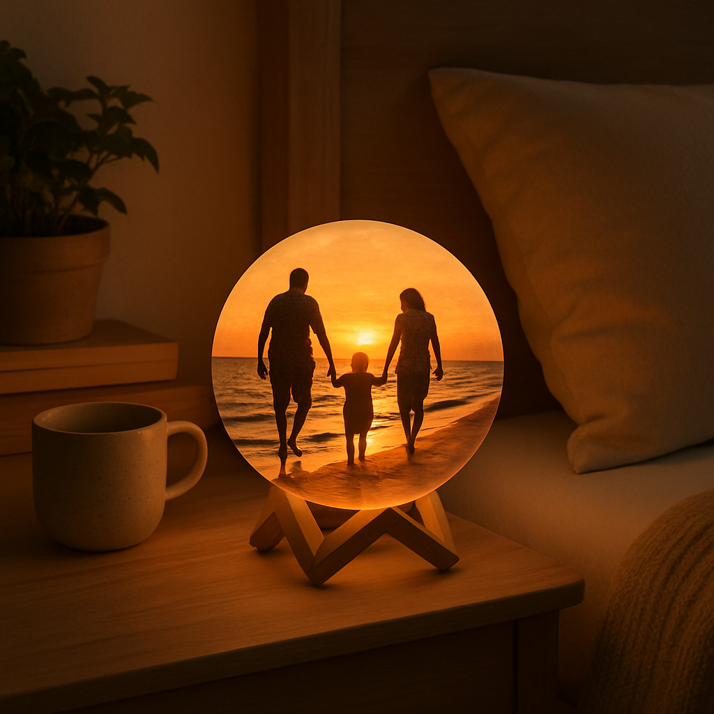 A cozy bedroom shelf with a small custom photo moon lamp glowing softly, showing a family beach photo printed on it. Alt: custom photo moon lamp on bedside table showcasing a high‑contrast beach sunset image.