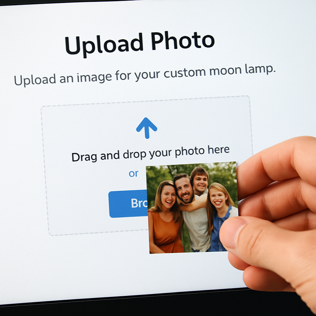 A close‑up view of a computer screen showing the upload interface for a custom photo moon lamp, with a hand dragging a high‑resolution family photo into the drop zone. Alt: Uploading photo for custom photo moon lamp order