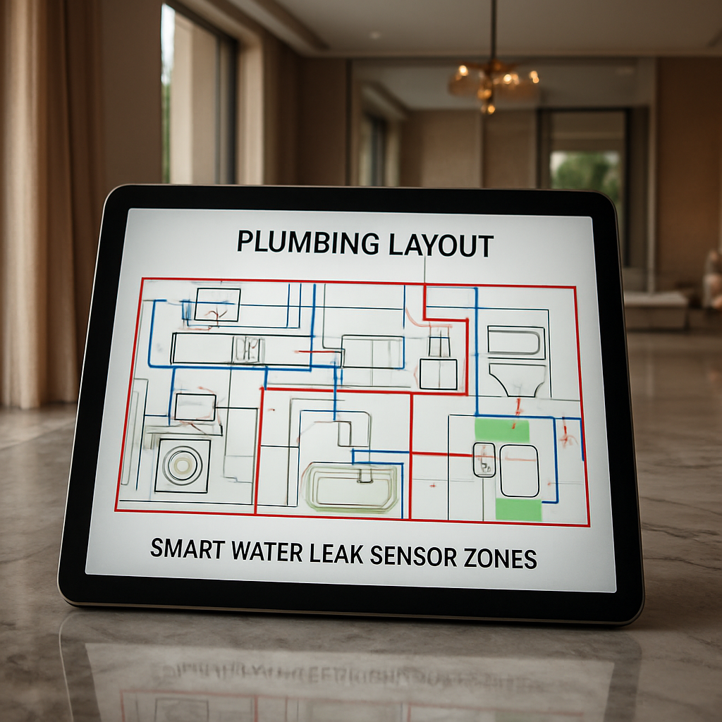 A photorealistic view of a luxury Dubai villa interior showing a detailed plumbing layout diagram on a tablet, with highlighted zones for smart water leak sensors, realistic lighting, and subtle reflections on marble surfaces. Alt: Assessing home plumbing layout for smart leak detection in a Dubai villa.
