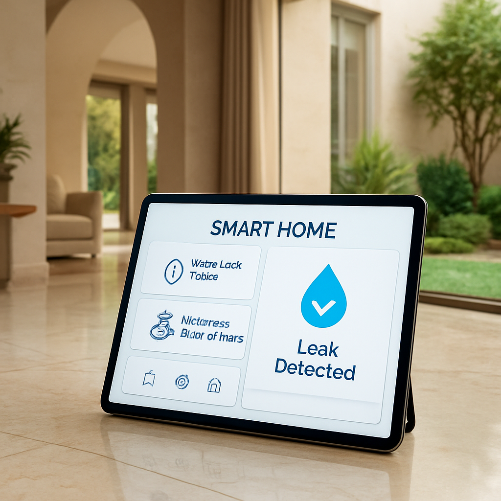 A photorealistic scene of a luxury Dubai villa interior showing a smart home hub display on a tablet, with icons for water leak sensors connected to a motorised shut‑off valve, soft natural lighting highlighting marble floors and a subtle hint of a garden irrigation system in the background. Alt: Integrating smart water leak sensors with a home automation hub for leak detection.