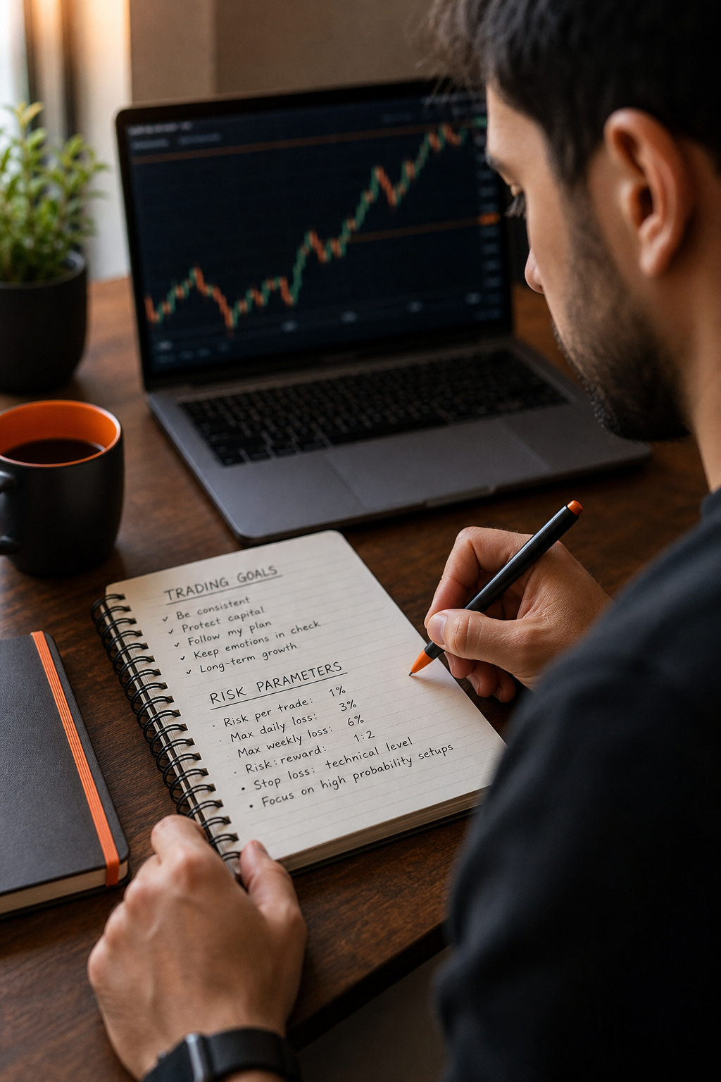 A photorealistic scene of a trader sitting at a desk with a notebook and pen, writing down goals and risk numbers on a paper, with a laptop showing a forex chart blurred in the background. Alt: Trader writing forex trading goals and risk parameters on a notebook.