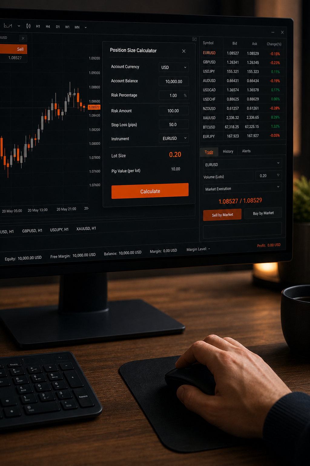 A photorealistic view of a trader's hand using a mouse to click on a position size calculator in a trading platform, with charts visible on the monitor. Alt: Trader calculating position size using a risk management tool on a forex platform.