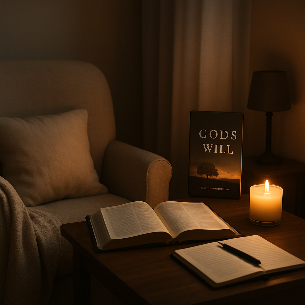 A serene bedroom corner with a comfortable chair, soft candlelight, an open Bible, and a journal on a small table. Alt: Quiet reflection space for discerning God’s will