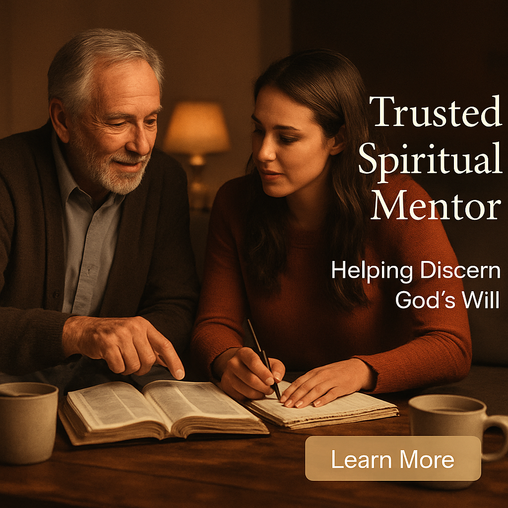 A warm coffee table setting with two people, one older and one younger, sharing a Bible and notebook, symbolizing a trusted spiritual mentor conversation. Alt: Trusted spiritual mentor helping discern God's will