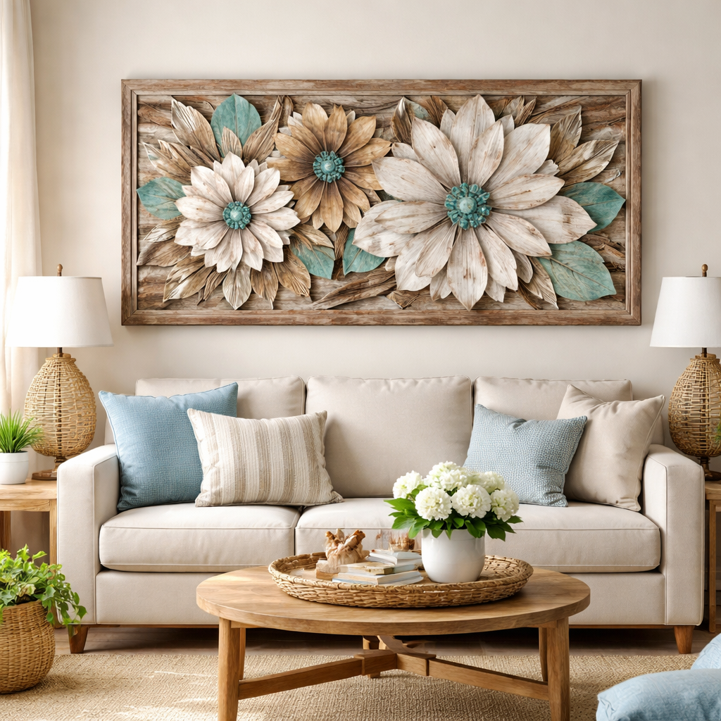 A photorealistic living room scene showing a handcrafted coastal wood flower art piece mounted above a sofa, with natural lighting highlighting the wood grain and painted details. Alt: How to display coastal wood flower art in living room with the right piece.