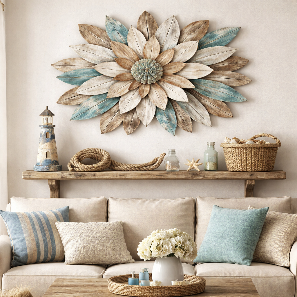 A photorealistic living room showing a handcrafted coastal wood flower art piece above a sofa, complemented by a reclaimed pine shelf with a weathered lighthouse figurine, a rope‑wrapped hook, and a woven jute basket with seashells. Alt: How to display coastal wood flower art in living room with maritime décor accents.