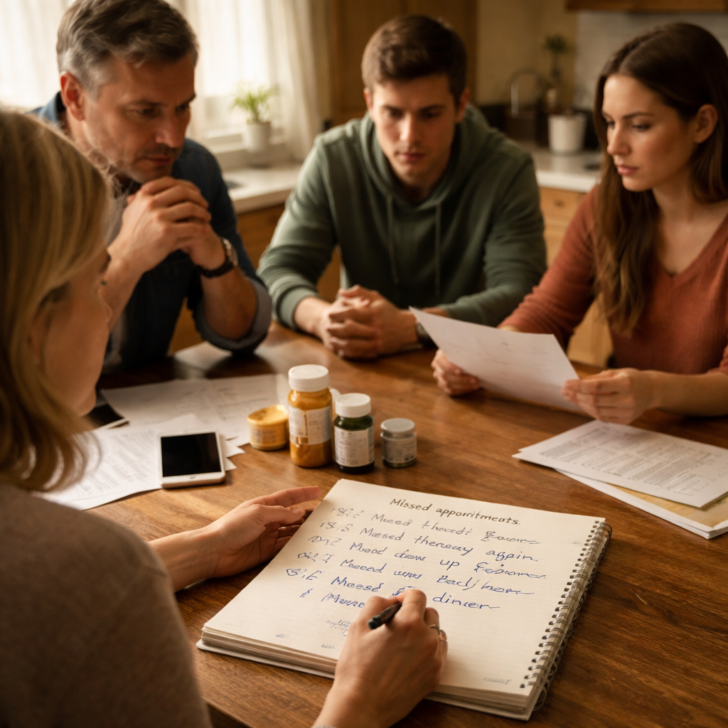 A photorealistic scene of a family gathered around a kitchen table, a notebook open with handwritten dates and notes about missed appointments, a calm but focused atmosphere, soft natural lighting, showing the moment of gathering information for a drug intervention. Alt: Family gathering information for a drug intervention, realistic.
