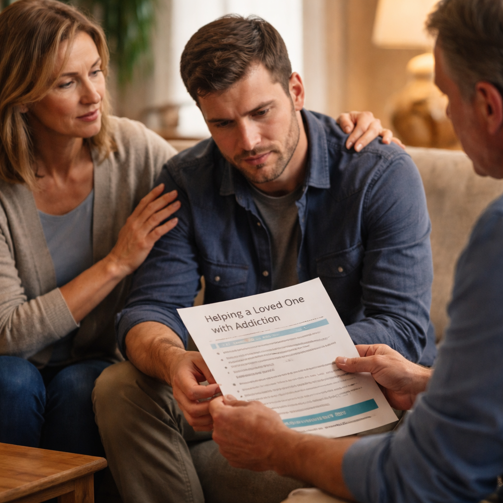 A photorealistic scene of a family sitting in a softly lit living room, one person holding a printed resource sheet while another offers a gentle hand on the shoulder of the loved one, conveying compassion and support during a drug intervention. Alt: Compassionate drug intervention meeting in a comfortable home setting