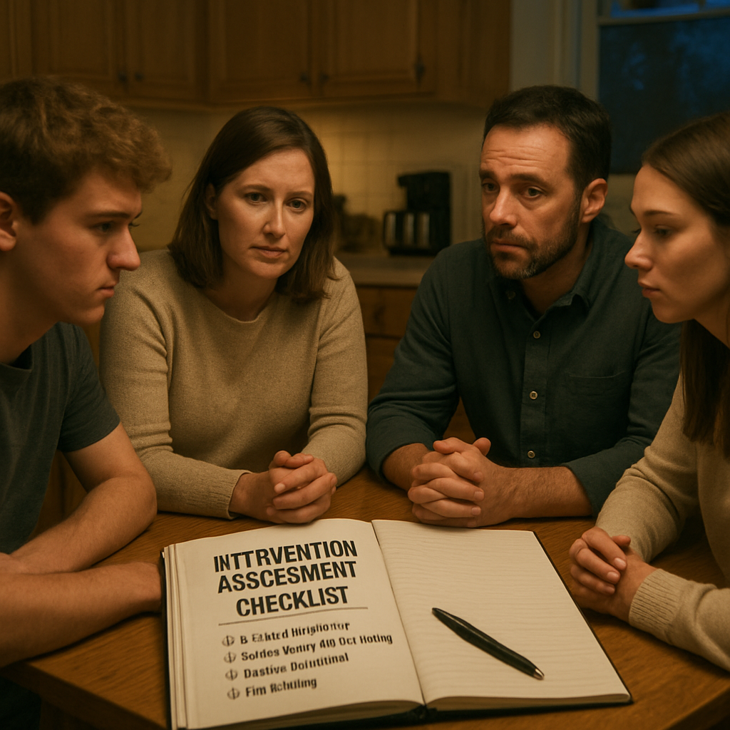 A photorealistic scene of a family gathered around a kitchen table at dusk, a notebook open with bullet points on a “Intervention Assessment Checklist,” soft warm lighting highlighting the concerned yet hopeful expressions of the participants. Alt: drug intervention assessment checklist family discussion