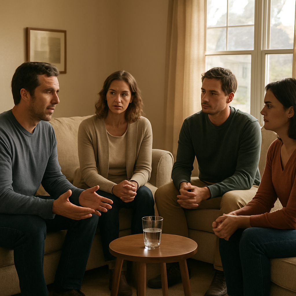 A photorealistic scene of a calm living room where a small intervention team sits in a circle, one person speaking gently while others listen, a glass of water on a side table, warm natural lighting in a suburban home in the United States. Alt: Family intervention planning in a calm living room.