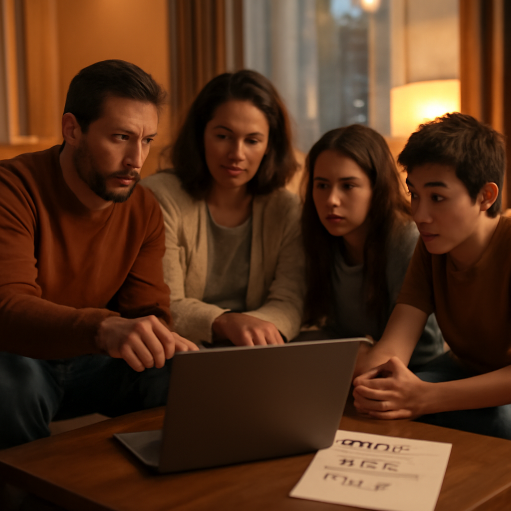 A warm family gathering in a cozy living room with a laptop open, a handwritten list on the table, and soft evening light filtering through the window. Alt: Family intervention planning session