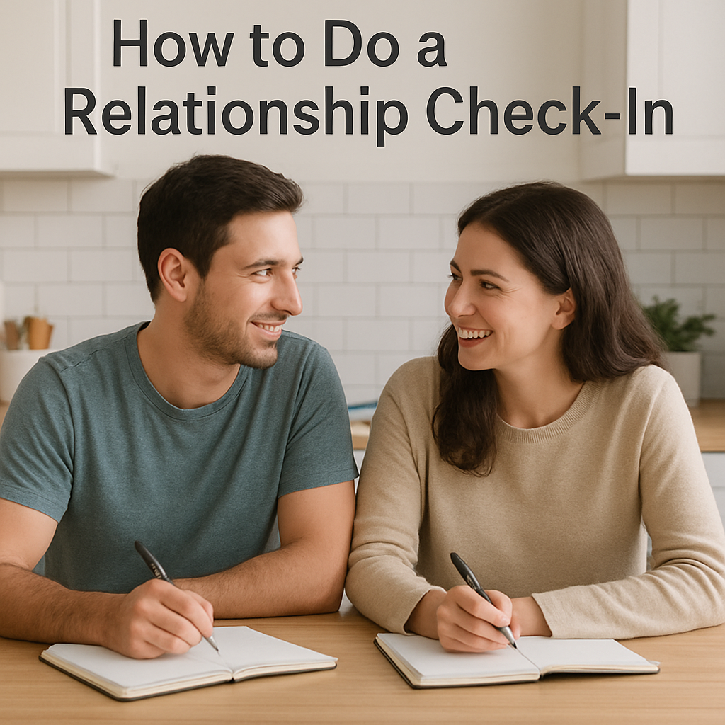 A couple sitting at a small kitchen table, each with a notebook, gently talking and smiling. Alt: How to do a relationship check in, couple doing a relationship check-in with notebooks.