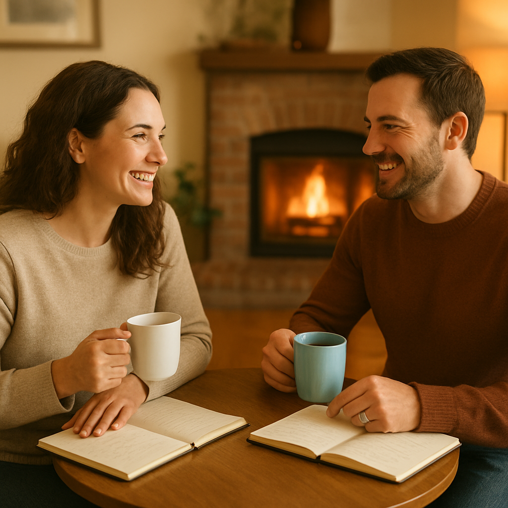 A warm living‑room scene with a couple sitting at a small table, each holding a notebook and a coffee mug, smiling as they share appreciations. Alt: How to conduct a relationship check‑in with gratitude and focused conversation.