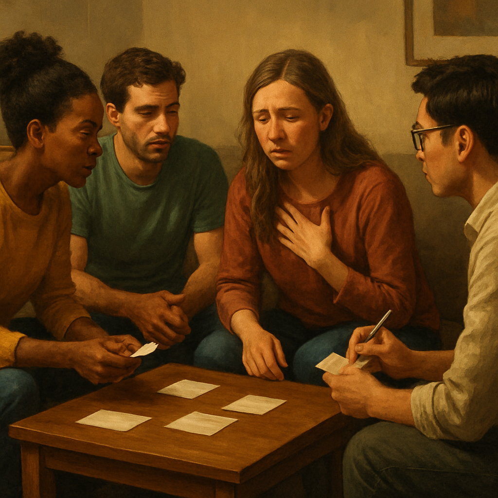 A warm, candid illustration of a small group of friends sitting around a coffee table with note cards, listening attentively to one person sharing concerns. The scene conveys empathy, clarity, and a calm environment for an intervention. Alt: Assess the situation during a friend intervention with compassionate note‑taking.