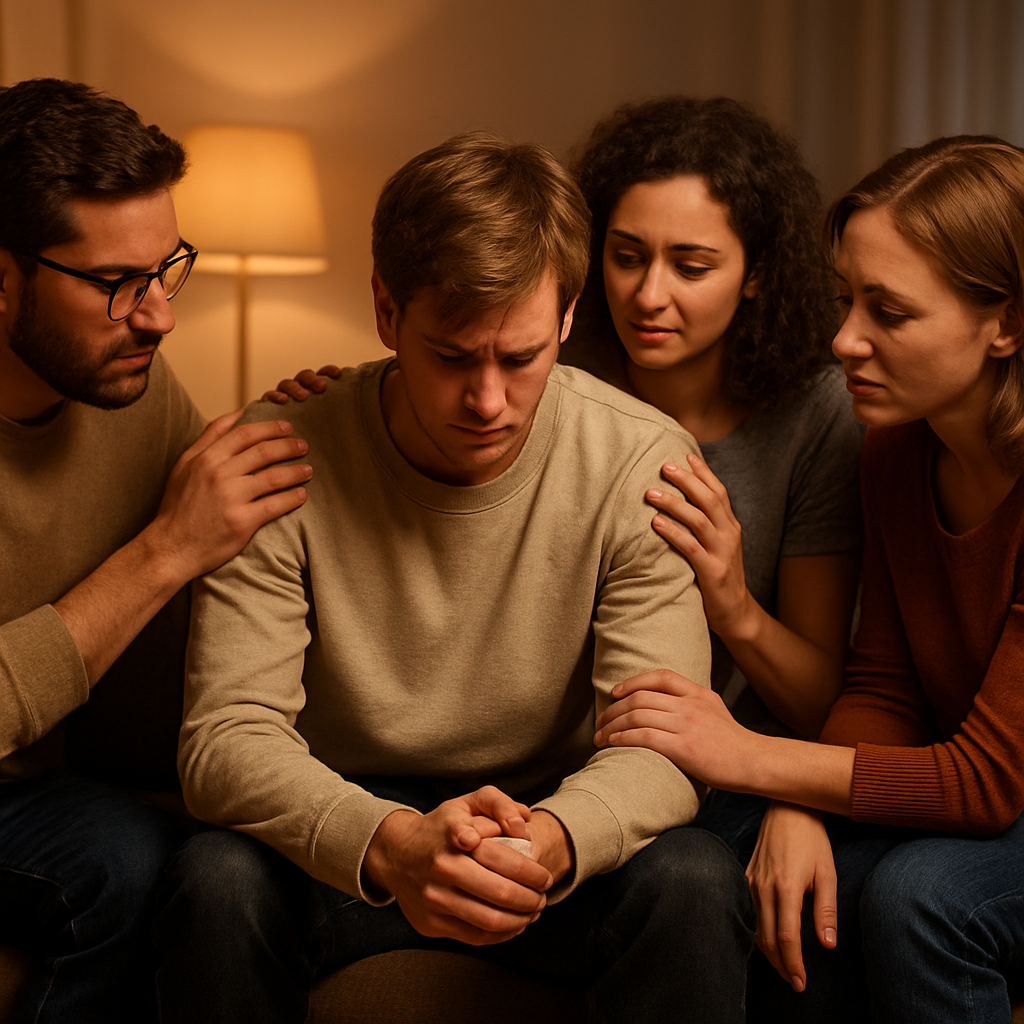 A warm circle of friends after an intervention, supporting one another in soft light. Alt: Intervention follow-up scene with caring friends.