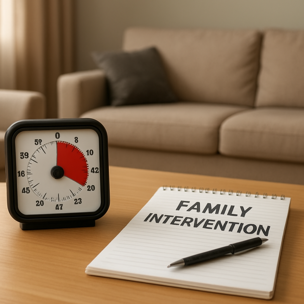 A calm living room set up with a table, a timer, and a notepad ready for a family intervention. Alt: Family intervention preparation