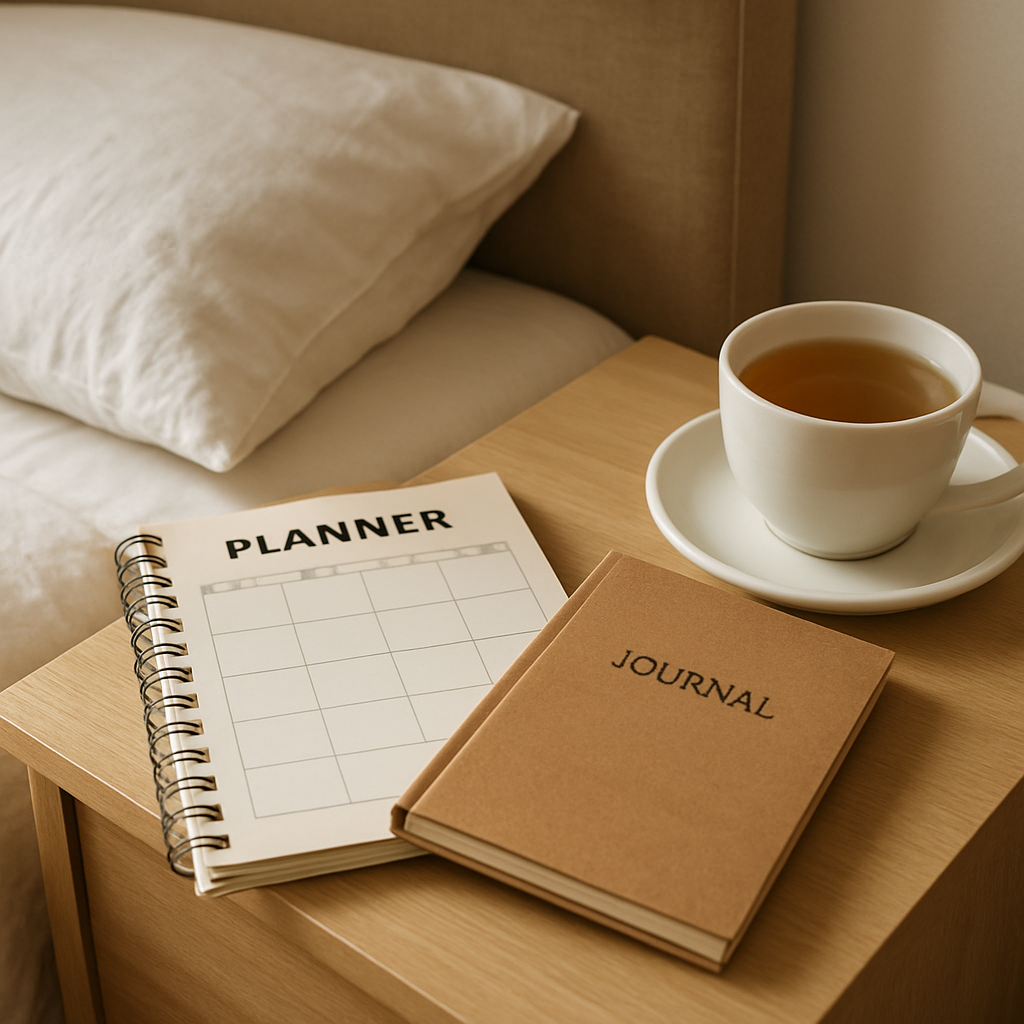 A calm bedroom with a simple planner, journal, and a cup of herbal tea on a bedside table. Alt: Recovery toolkit spread on a nightstand.