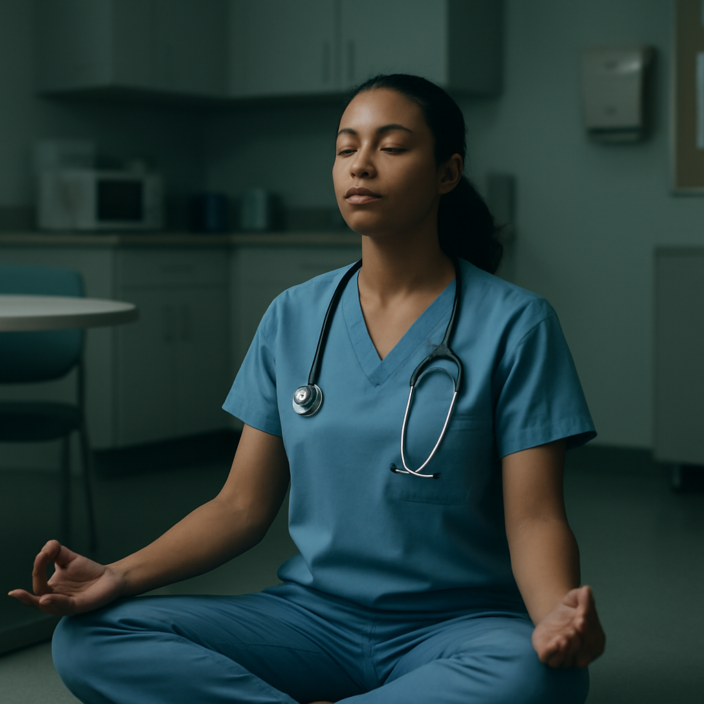 A calm hospital break room with a clinician sitting cross‑legged, eyes closed, hands on knees, breathing slowly. Alt: Clinician practicing box breathing in a healthcare setting, promoting stress relief and focus.