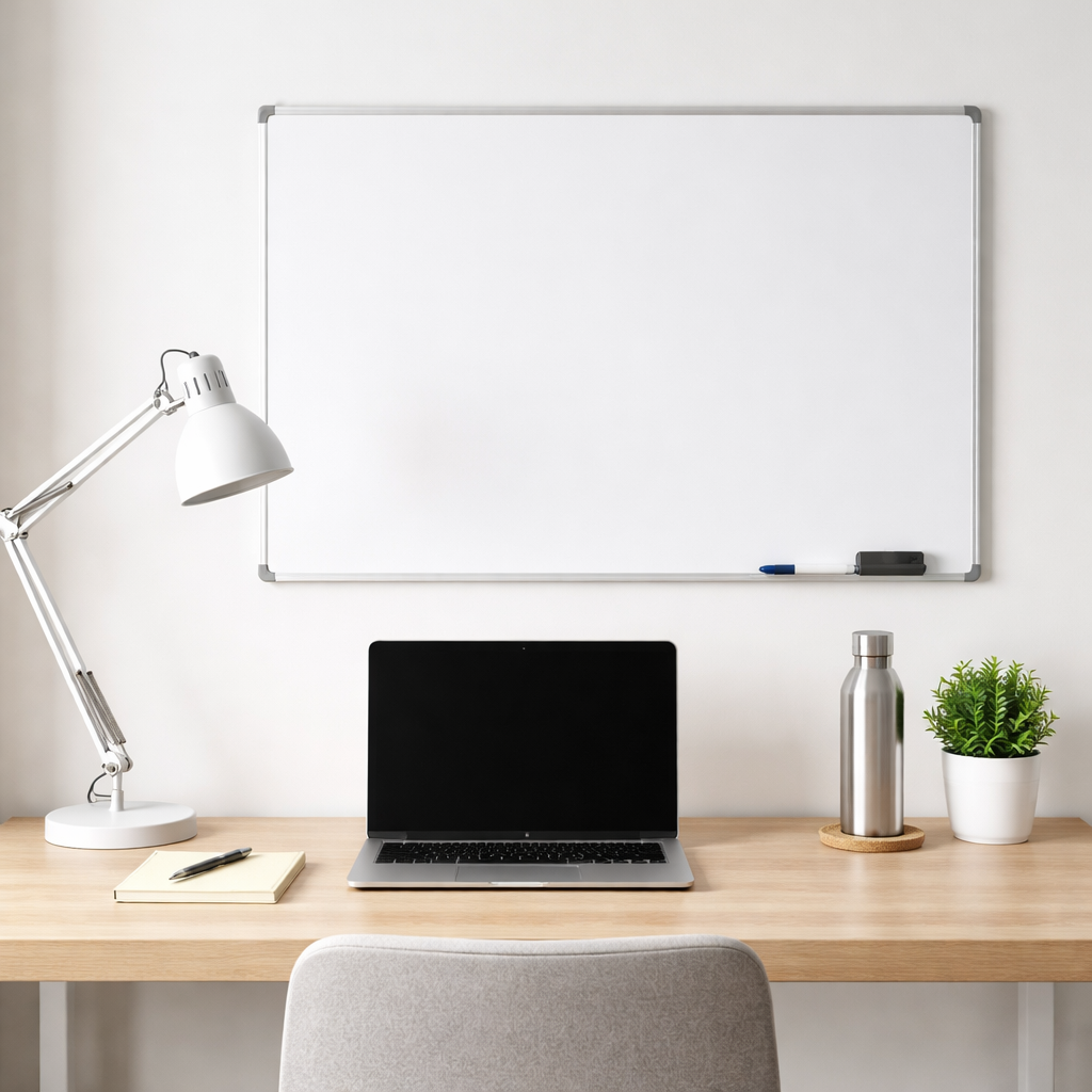 A minimalist home office setup with a clean desk, a whiteboard, a laptop, a desk lamp, and a water bottle. Alt: Focused workspace for deep work