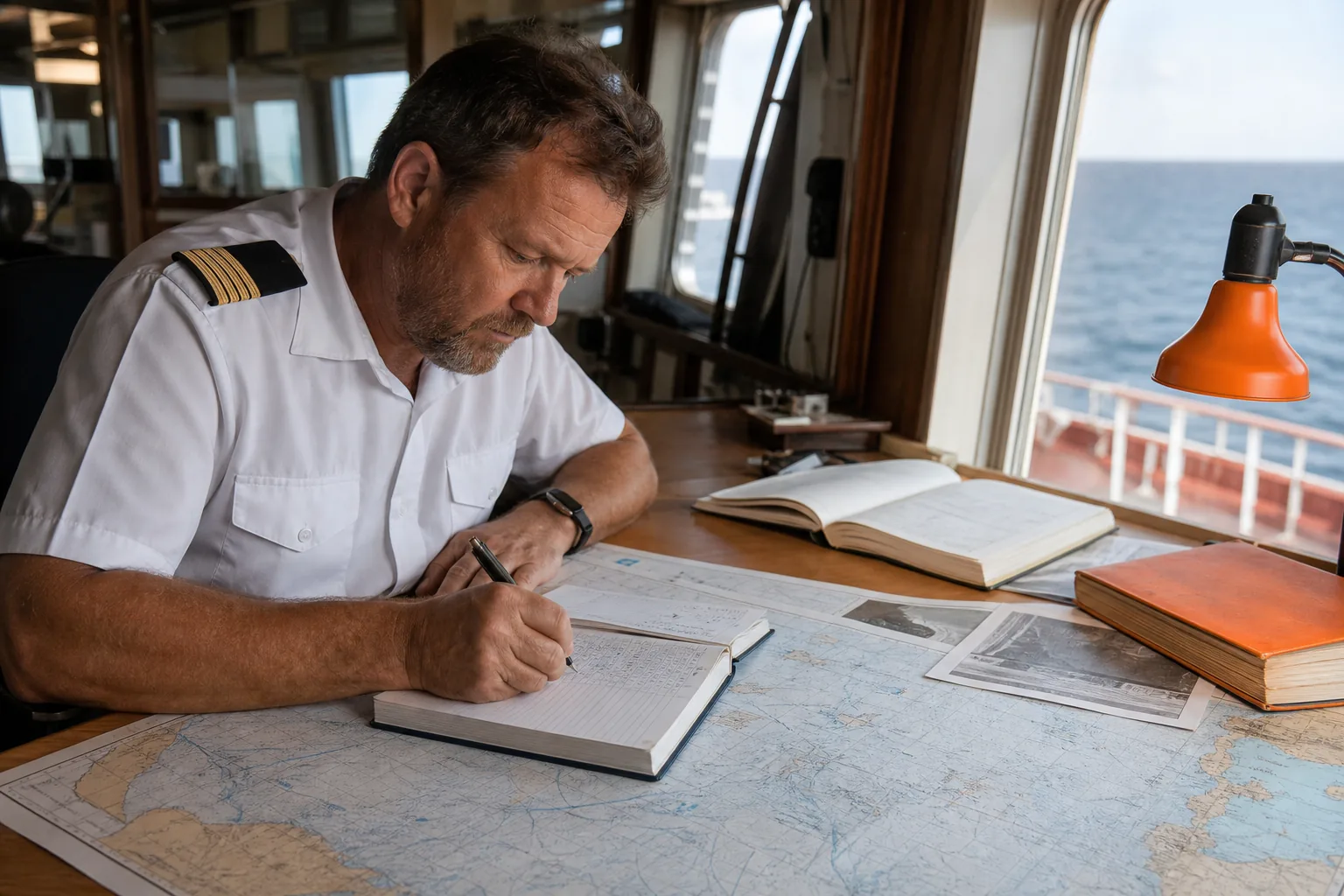 Officer recording factual details in a ship collision timeline.