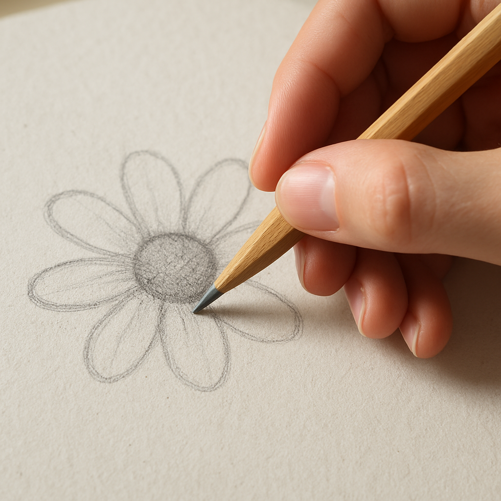 A photorealistic close‑up of a hand holding a HB pencil, lightly sketching a circular flower centre and soft oval petals on a textured sketchbook page. The scene is bright, with natural daylight highlighting the graphite dust. Alt: Sketching basic flower shapes with pencil, realistic style.