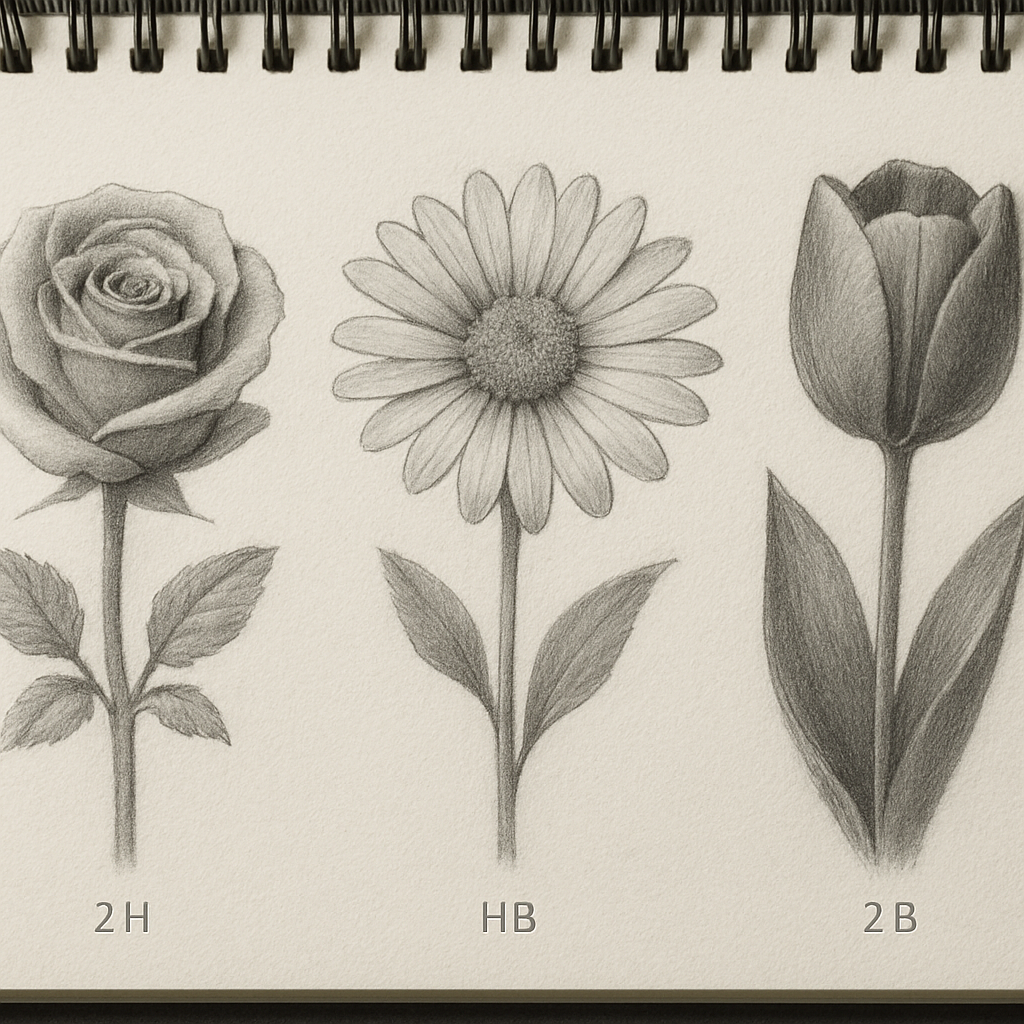 A photorealistic close‑up of a sketchbook page showing a side‑by‑side comparison of a rose, daisy, and tulip shaded with different pencil grades, realistic lighting, and visible texture lines. Alt: Comparison table of shading techniques for roses, daisies, and tulips.