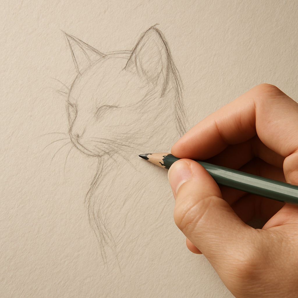 A photorealistic close‑up of an artist’s hand holding a hard‑core 2H pencil, lightly drawing the outline of a cat’s head and shoulders on a textured paper surface, soft natural lighting, showing the faint silhouette and directional hair strokes. Alt: Sketching the basic outline for how to draw fur with colored pencils.
