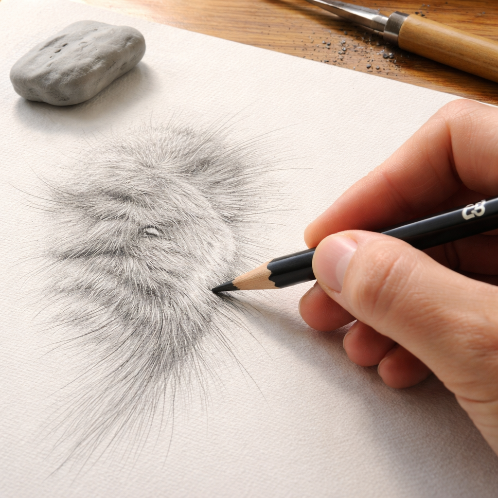A photorealistic close‑up of a hand holding a 2B graphite pencil, sketching soft fur on a textured drawing paper. The scene shows subtle graphite strokes forming the outline of a cat’s cheek, with a kneaded eraser and a metal sharpening knife nearby. Realism style, bright natural light, appealing to Indian art students and hobbyist artists.