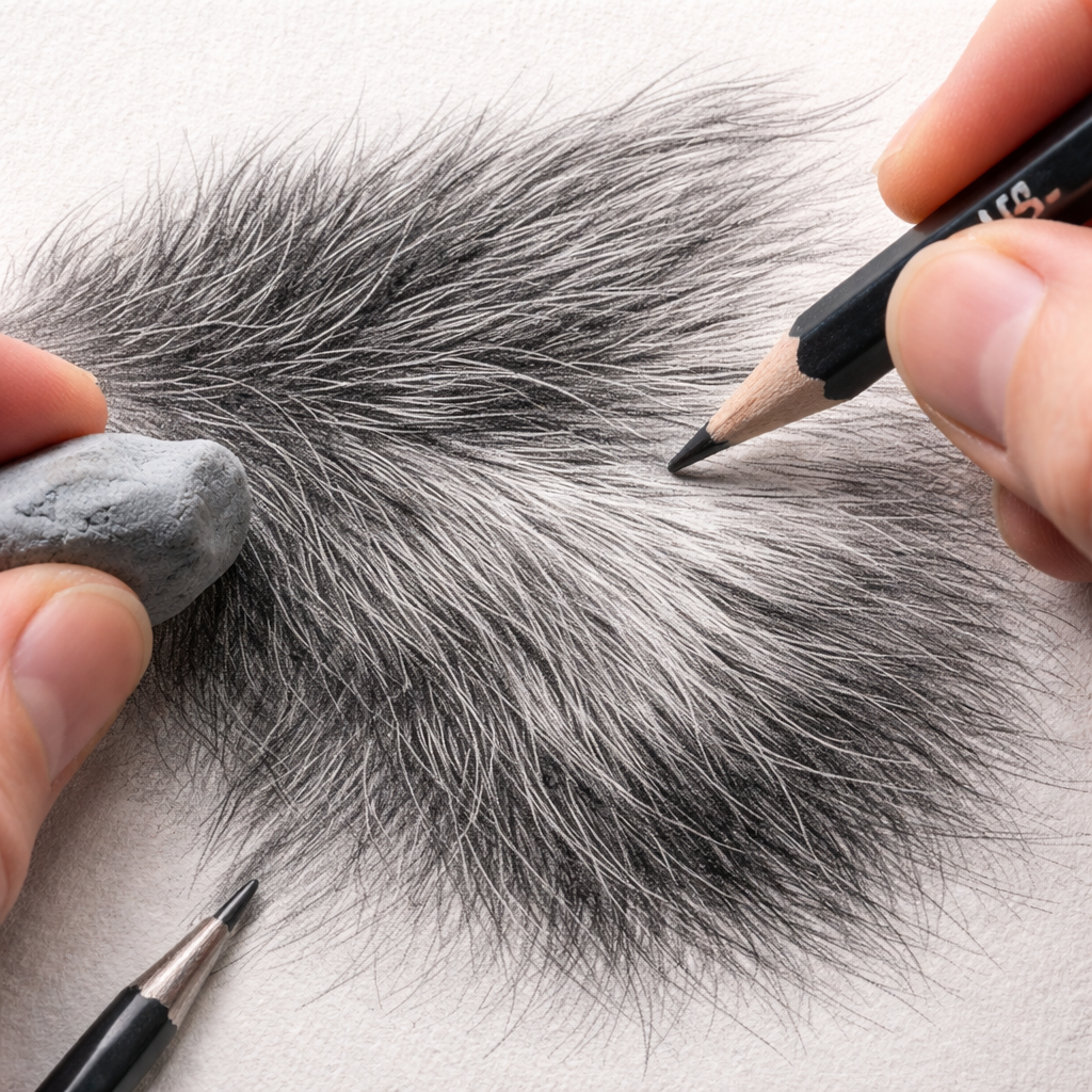 A photorealistic close‑up of a hand adding final graphite highlights to a fur patch on a sketch, showing a kneaded eraser, a soft 4B pencil tip, and fine 2H lines on textured paper. Alt: detailed fur texture refined with graphite pencils, realistic style.