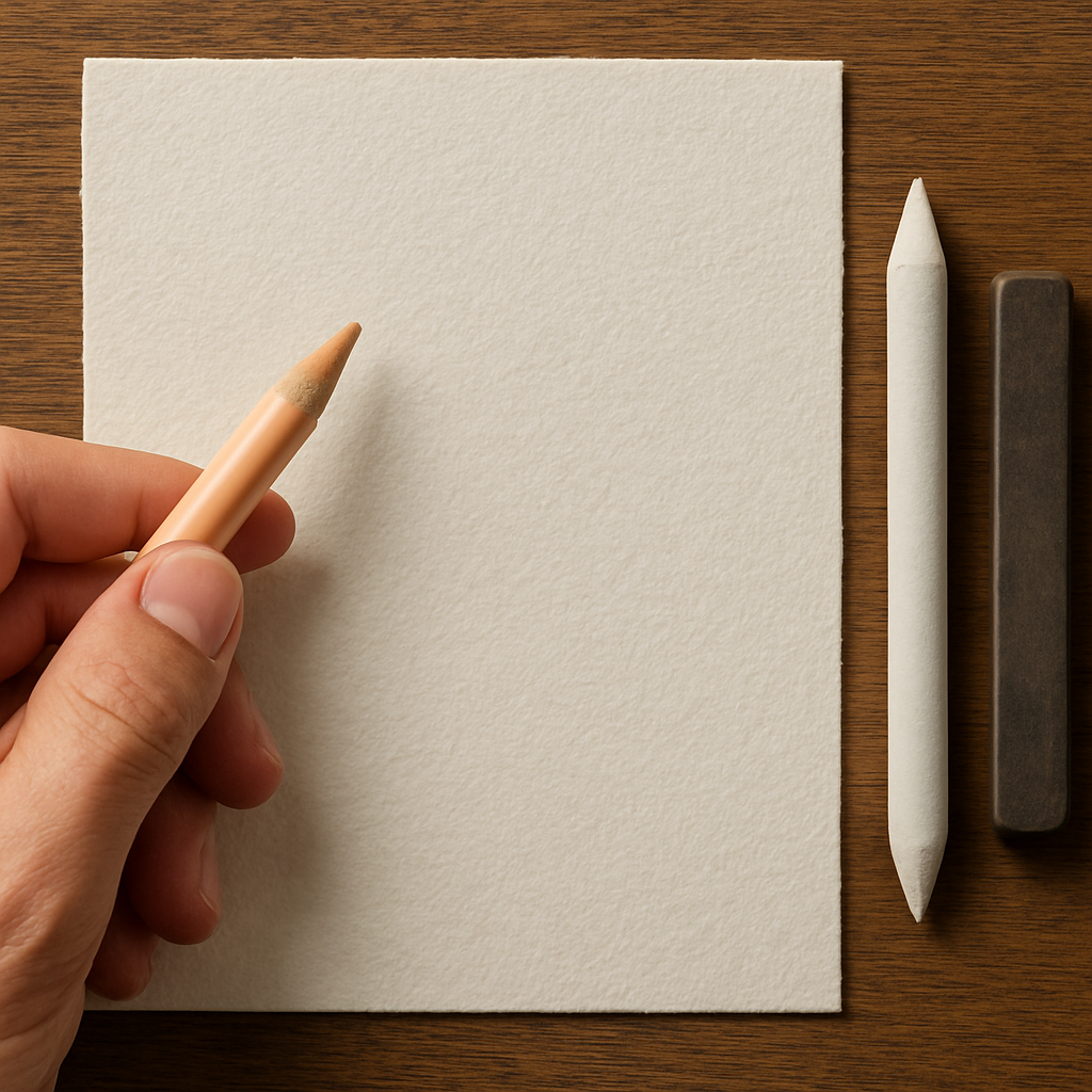 A photorealistic close‑up of a hand holding a soft colored pencil, a textured drawing paper surface, a blending stump, and a burnishing stick arranged neatly on a wooden desk. Alt: Realistic drawing tools for hair illustration.